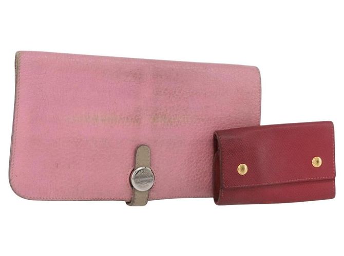 Hermès Billetera HERMES de cuero 2 piezas Roja Rosa Auth bs33530