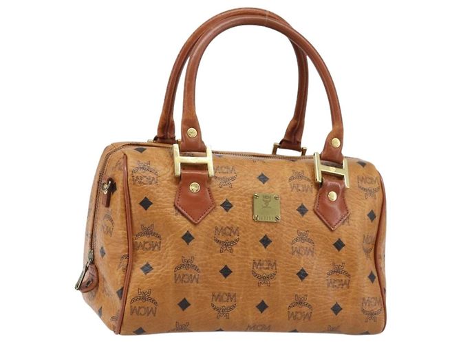Bolsa Boston Vicetos Logogram MCM em couro PVC marrom e dourado Auth BA11007