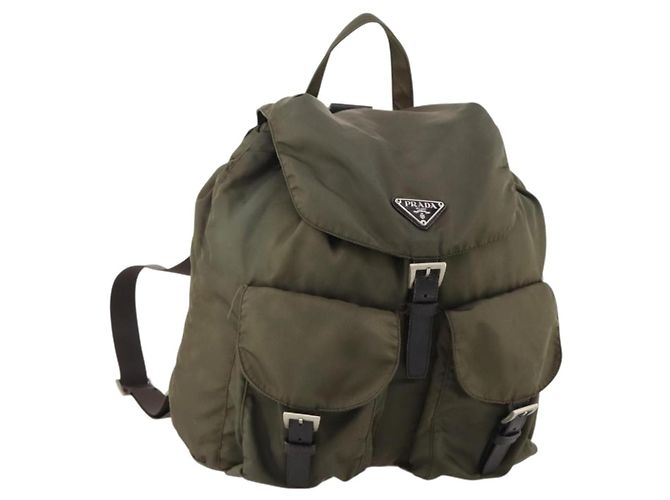 PRADA Backpack Nylon Khaki Silver Auth ti3677 Silvery