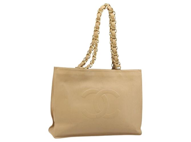 CHANEL Bolsa Tote de Couro Bege Dourado CC Auth bs32770