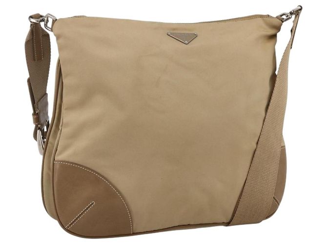 PRADA Schultertasche Nylon Beige Silber Authentisch hk3534