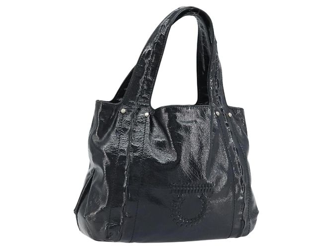 Borsa a mano Gancini in pelle nera e argento di Salvatore Ferragamo Auth BA10955 Nero