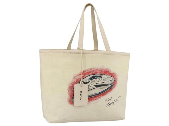 CHANEL Tote Tasche Canvas Leder Weiß Silber CC Auth bs33806