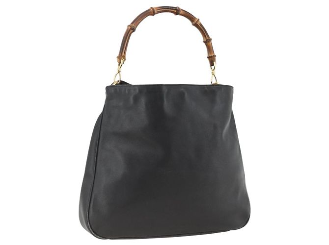 Bolsa de Ombro de Couro Gucci Bamboo Preta e Dourada Auth 173820 Preto Dourado