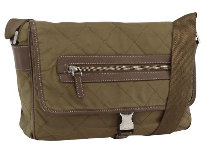 PRADA Schultertasche Nylon Braun Silber Authentisch ep13655