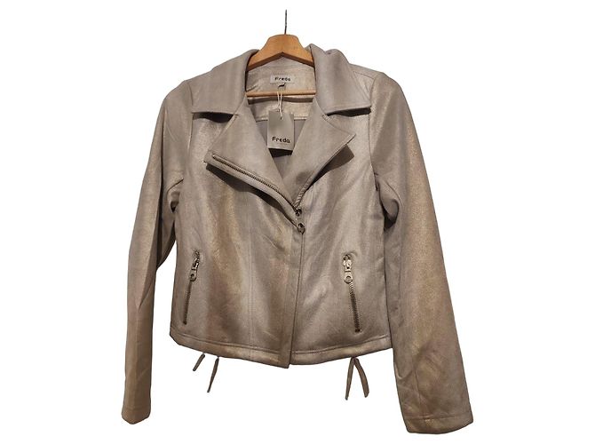 Autre Marque Freda Silver Metallic Biker Jacket Silvery
