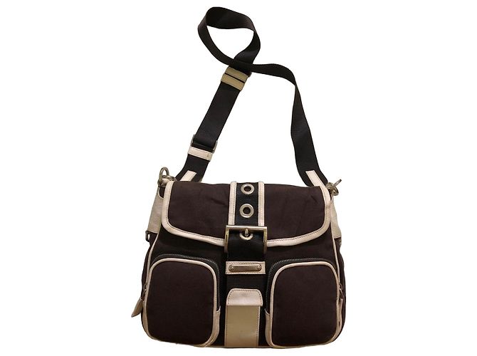 Borsa a spalla in tela e pelle marrone Prada
