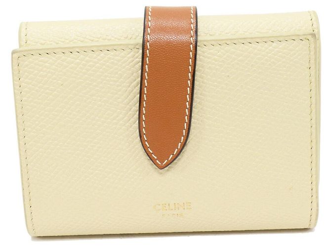 Céline Celine Fine Stripe Grained Calfskin Compact Wallet White