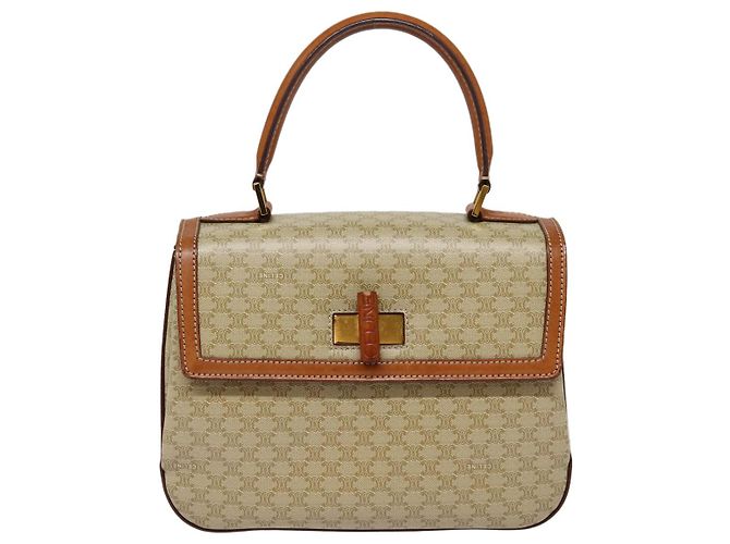Céline Celine Vintage Convertible Top Handle Macadam Coated Canvas Medium Beige
