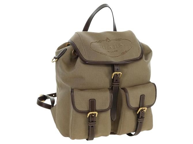 PRADA Backpack Canvas Beige Gold Auth 168350V Golden