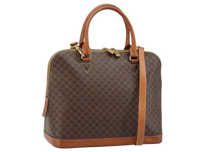 Céline Bolsa de mão em lona Macadam CELINE em couro PVC 2 em 1 marrom ouro Auth 171116