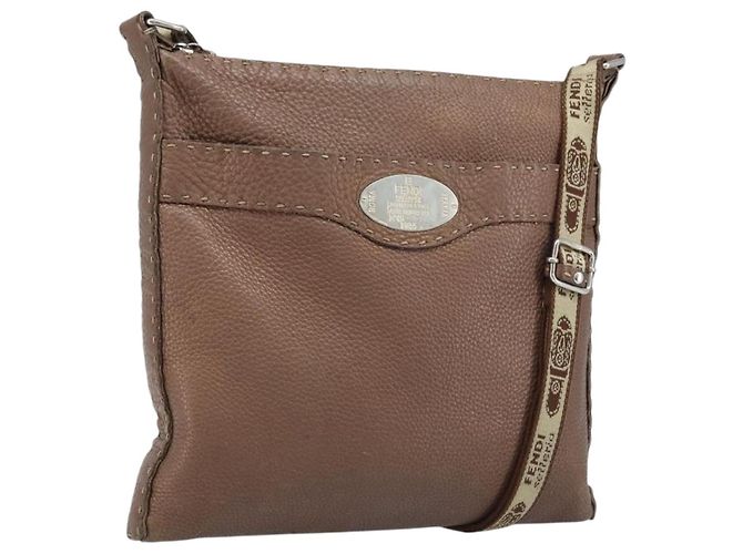 FENDI Celeria Shoulder Bag Leather Brown Silver Auth ka2864 Silvery