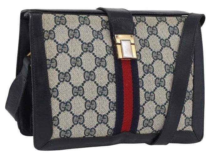 Borsa a Spalla Gucci GG Supreme Sherry Line PVC Blu Navy Oro Auth 171984 D'oro