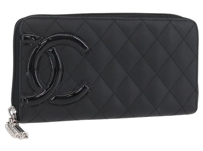 CHANEL Portefeuille Long Matelassé Cambon en Cuir Noir Argent CC Auth 172434SAV Argenté
