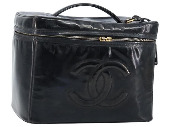 CHANEL Pochette Vanity Cuir verni Noir Or CC Auth bs33674 Doré
