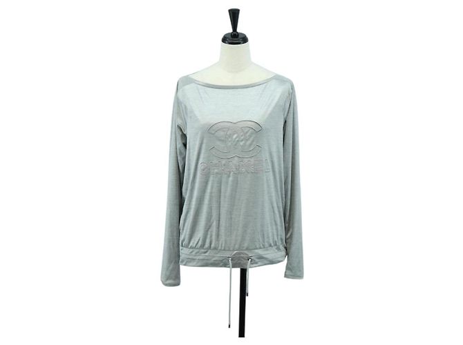 CHANEL CC Tops Rayón Talla 36 Plata CC Auth am10856V
