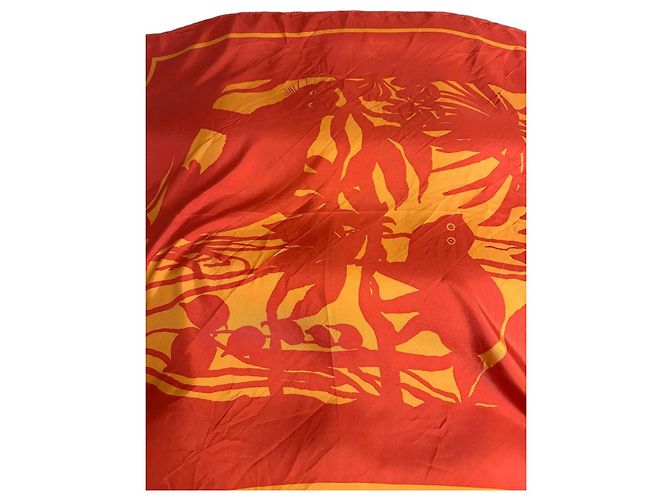 Lenço de seda Marimekko Estampa Tropical Laranja e Amarelo