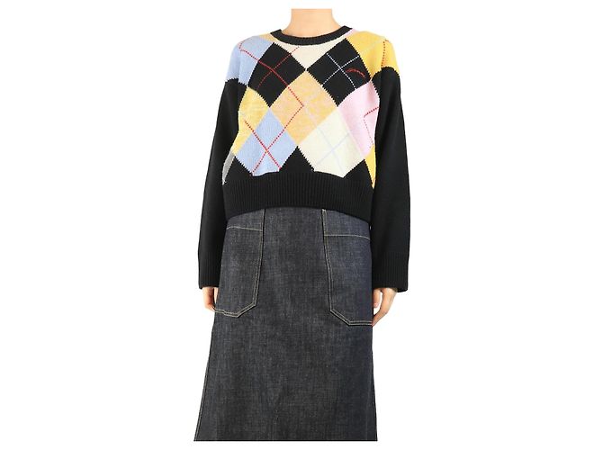 Ganni Schwarzer, kurzer Argyle-Pullover - Größe S 
