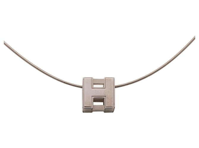 Hermès Silver Palladium Plated Enamel Cage dH Cube Necklace Silvery 