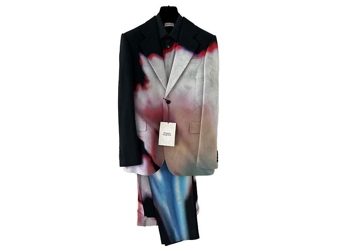 Alexander McQueen Solarized Blumenmuster Twill Anzugset Schwarz Weiß Rot Blau