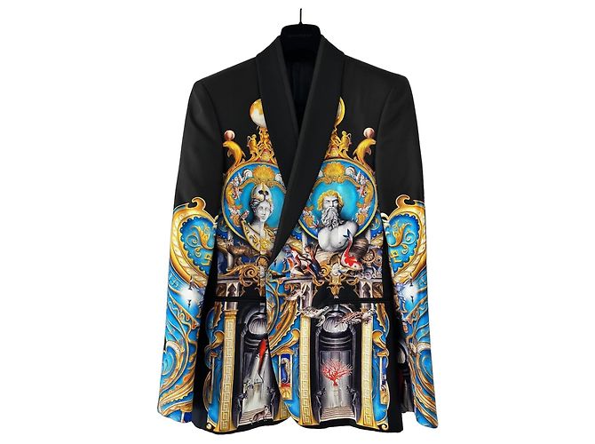 Blazer Versace de seda com estampa de mitologia grega preto azul dourado