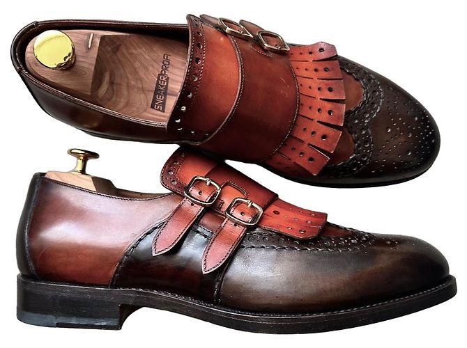 Mocassini Santoni in pelle marrone e bordeaux con nappe Caramello