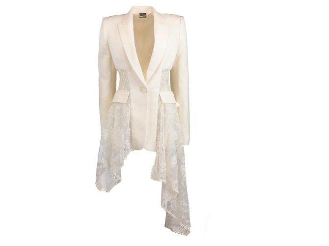 Blazer Corset Drapeado de Renda Alexander McQueen Bege Branco