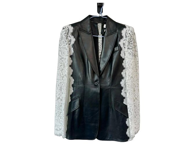 Giacca Alexander McQueen in pelle nera e pizzo bianco Nero