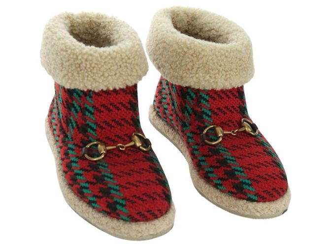 Botas Horsebit GUCCI Moutón Rojo Oro Auth ARZ016M Roja Dorado
