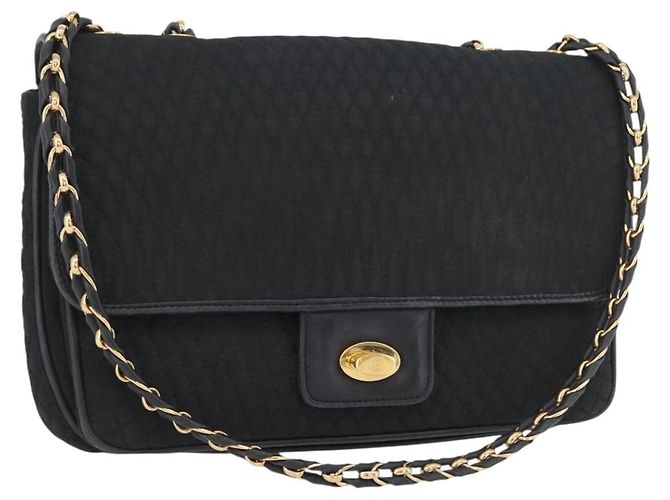 BALLY Bolsa de Ombro com Corrente Matelassada em Nylon Preto e Ouro Auth 160374 Dourado