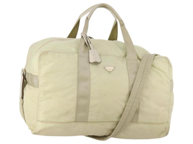 Bolsa Boston Prada em nylon creme bege Auth ti3742 Cru