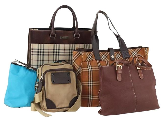Bolsa de couro e nylon Burberry Nova Check Blue Label 5 peças azul marrom Auth mr2107 Bege