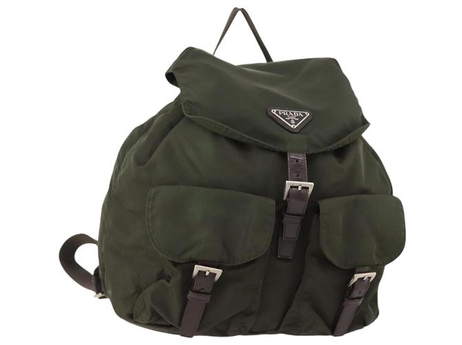 PRADA Backpack Nylon Khaki Silver Auth 172669 Silvery