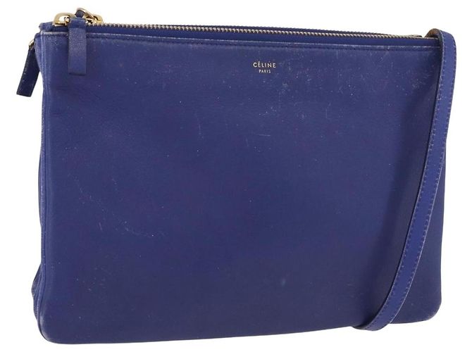 Céline Bolsa de Ombro CELINE Trio em Couro Azul Dourado Auth ep13474