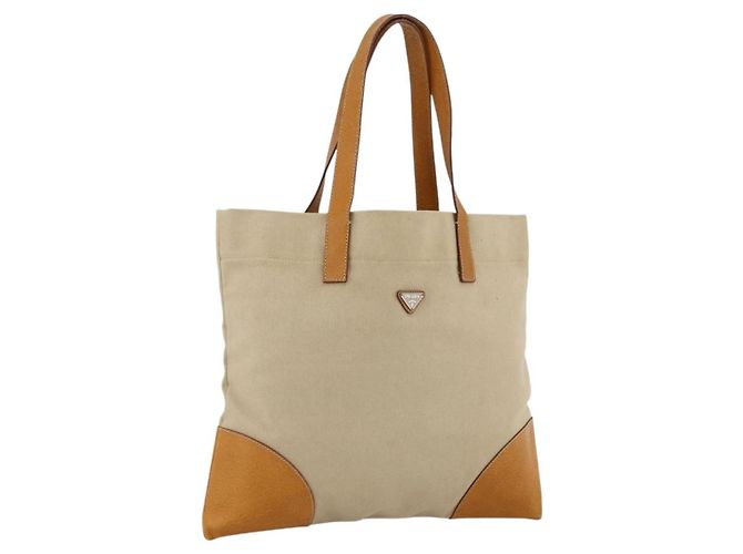 PRADA Tote Bag aus Canvas Beige Silber Authentisch bs33740