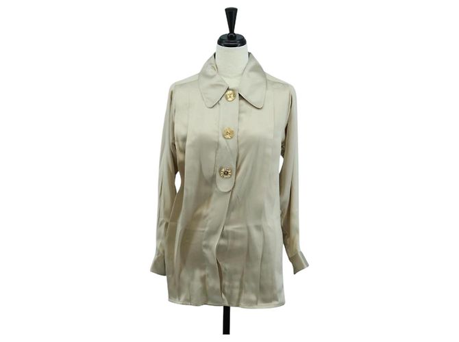 CHANEL COCO Marke Bluse Langarm-T-Shirt Seide Größe 38 Beige CC Auth ARZ187V