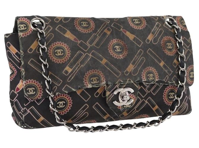 Borsa a Spalla con Catena CHANEL Satin Nero Argento CC Auth ARZ448A