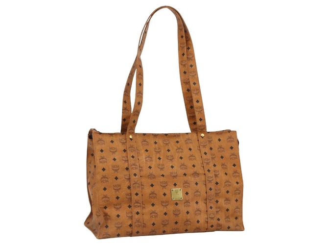 Bolsa tote MCM Logogram Vicetos em PVC marrom e dourado Auth ki6533