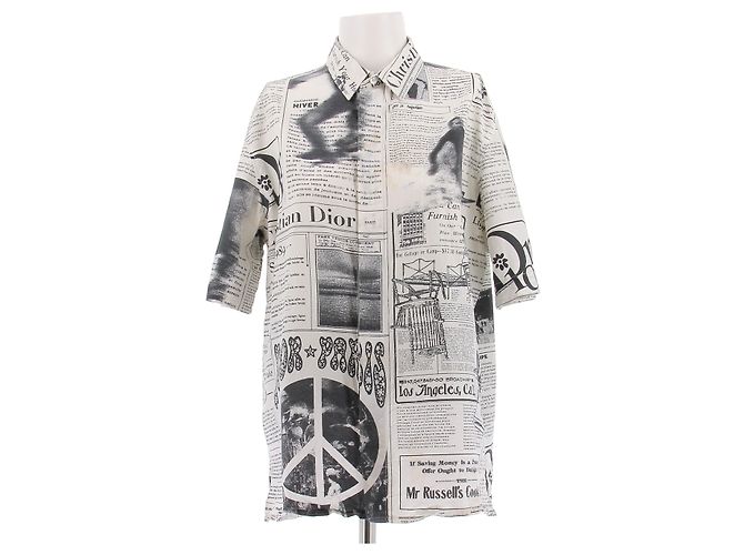 Dior Camicia con stampa di giornale in cotone e seta Grigio