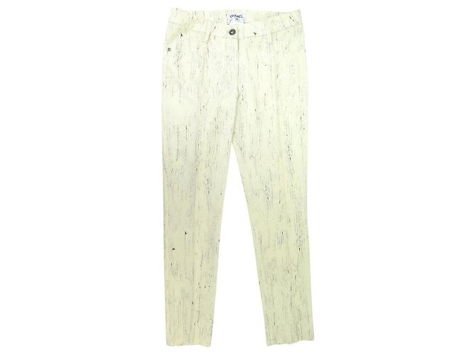 NEW CHANEL PANTS MARBLE EFFECT CC LOGO BUTTON P43196V31291 SIZE 36 Cream