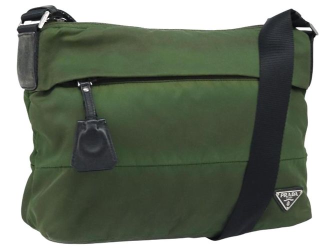 PRADA Schultertasche Nylon Grün Silber Authentisch 173841