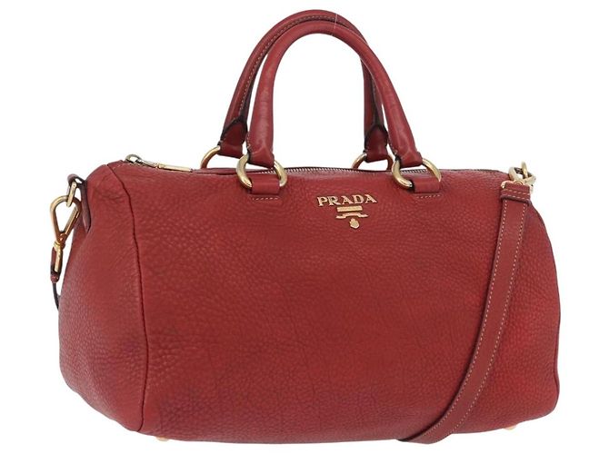 PRADA Bolsa de Mão de Couro 2 em 1 Vermelha Dourada Auth ka2905 Vermelho Dourado