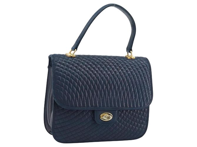 BALLY Sac à main en cuir bleu marine doré Auth 166993