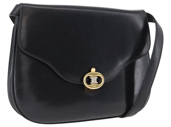 Céline Bolsa de Ombro de Couro Preta e Dourada Auth ka2969 Preto Dourado