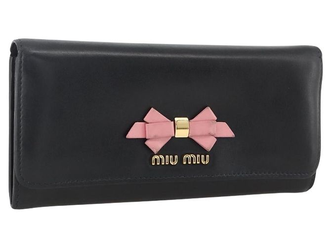 Cartera Larga Miu Miu Cuero Negro Oro Auth bs33771 Dorado