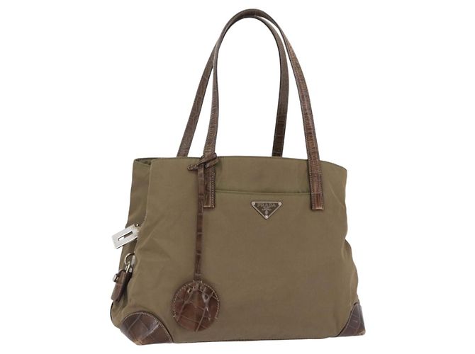 PRADA Handtasche aus Nylon Khaki Silber authentisch 173838