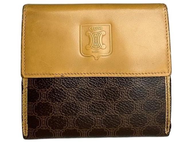 Céline Vintage Celine Paris Triomphe Monogram Leather Wallet Brown Beige