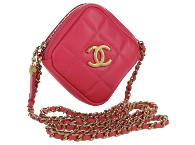CHANEL Bolsa de Ombro Choco Bar com Corrente em Couro de Cordeiro Rosa Dourado CC Auth LNZ440SAM