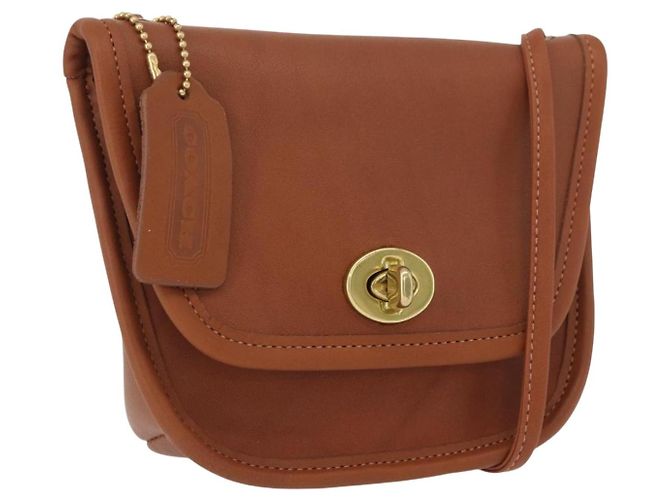 Bolsa de ombro em couro marrom com fecho Turn Lock Coach, dourado, Auth mr1507