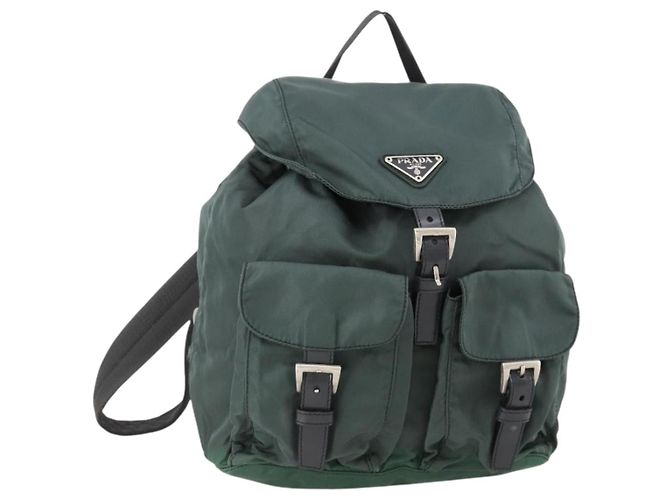 PRADA Backpack Nylon Green Silver Auth fm5140 Silvery